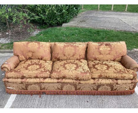 Large country house sofa, with square back and deep seat raised on castorsCondition report: 262 cm long, 104 cm deep, 69 cm h