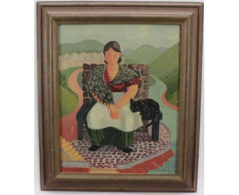 *Joyce Pallot (1912-2004), 1940s oil on canvas - portrait of a lady and black cat, signed and dated, 39cm x31cm, framed