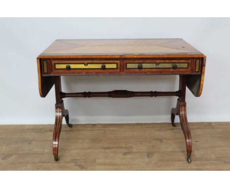 Good quality Regency satinwood sofa table with coromandel and brass inlaid crossbanded rounded rectangular drop leaf top over