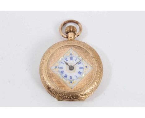 Late 19th century Swiss 14ct gold fob watch with square enamel jewelled dial in gold case with finely engraved decoration, 28