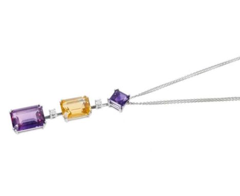 Diamond amethyst and citrine pendant necklace with step cut citrine and amethysts interspaced by two brilliant cut diamonds i