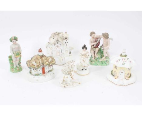 Group of English ceramics, including three Victorian Staffordshire cottages, a Staffordshire figure, a Derby stag, Derby figu