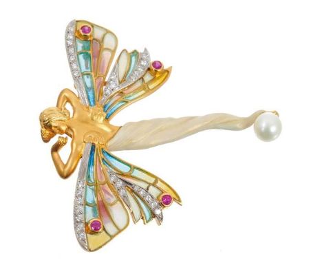 Masriera 18ct gold and enamel nymph pendant brooch with plique-à-jour enamel wings set with rubies and diamonds, opalescent e