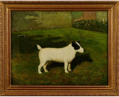 William Albert Clark (1880 - 1963), oil on canvas, A mainly white terrier named Jim standing by a croquet hoop in a garden, s