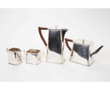 1920s silver four-piece tea and coffee service with gadrooned borders, (R F Mosley &amp; Co. Sheffield 1929) 56ozs in total