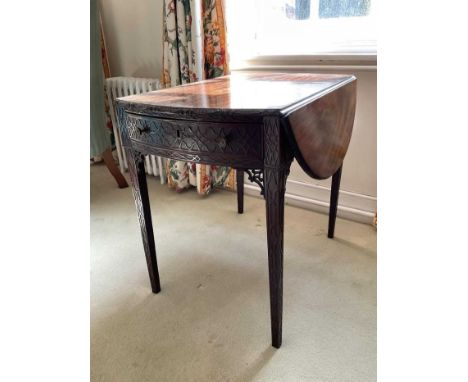 George III mahogany and later carved pembroke table with 'Chinese Chippendale' blind fret decoration, opening to 76cm x 94cm