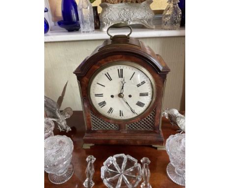 Early 19th century bracket clock with twin fusee movement and circular painted dial in mahogany case, unsigned, 42cm high inc