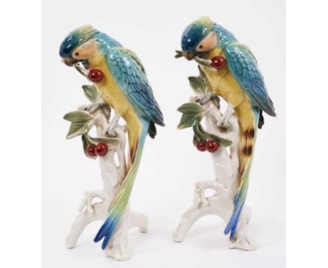 Pair of Karl Ens porcelain models of parrots picking cherries, model number 7622, 32cm highCondition report: Both appear in g