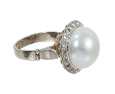 Cultured pearl and diamond cluster ring with button-shaped cultured pearl measuring approximately 13.2-13.8 x 10.8mm and weig