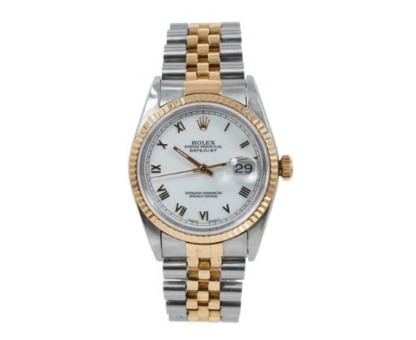 Gentlemen’s Rolex Oyster Perpetual DateJust 18ct gold and stainless steel wristwatch, the circular white enamel dial with app