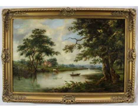 Robert Burrows (1810-1883) oil on canvas - extensive river landscape with figure in a punt, signed, 61cm x 91cm, in gilt fram