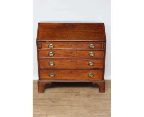 George III mahogany bureau, sloping fall enclosing fitted interior over four long graduated drawers on bracket feet, 91cm wid