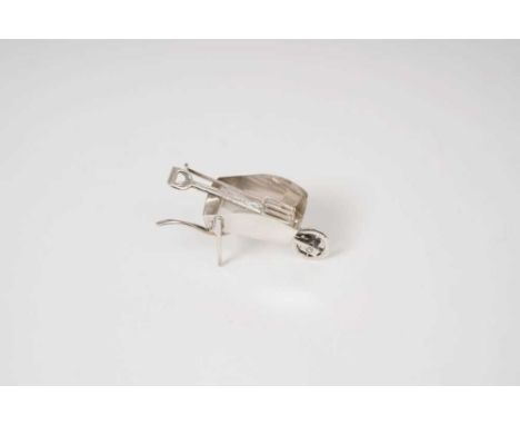 Contemporary silver novelty wheel barrow with fork, spade and half moon cutter (London 1989/90) Edward Victor Stanley. Wheel 