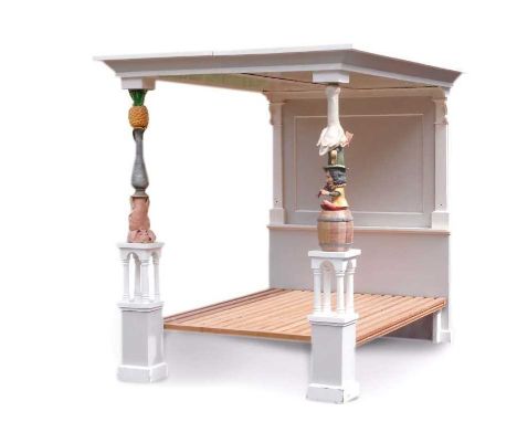 Unique and eccentric modern painted wood and polychrome ceramic tester bed designed and made by Chas. Bazeley, the canopy rai