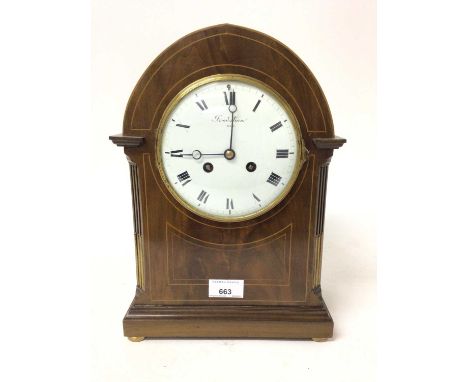 Late 19th century Frodsham mantel clock in inlaid mahogany case, signed enamel dial with striking movement on gong with key a