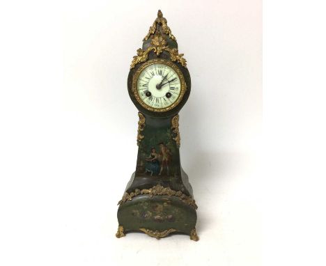 Late 19th century French miniature longcase clock in green painted and gilt metal mounted case decorated with romantic figure