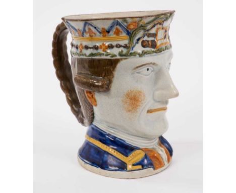Prattware Admiral Rodney character jug, c.1790-95, of large size, decorated in typical Pratt colours, the underside of the ba