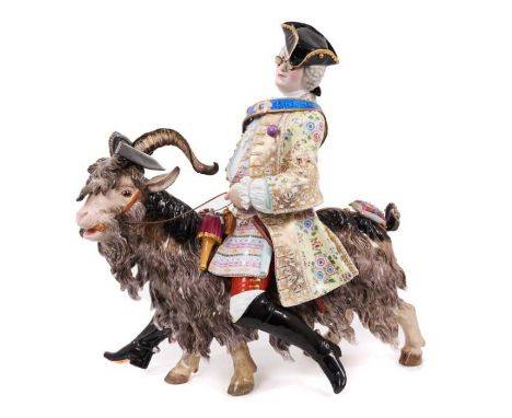 Large 19th century Meissen porcelain figure of Count Brühl's Tailor, on a goat modelled after J. J. Kändler, with finely deco