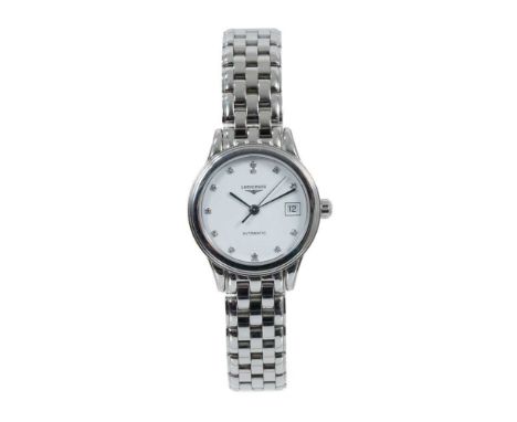 Ladies Longines automatic wristwatch, the circular white enamel dial with applied diamond dot hour markers, date aperture and
