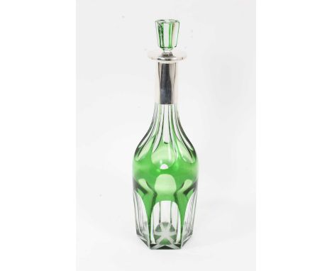 Good quality Art Deco silver mounted green cased and cut glass decanter with silver mounts. Hallmarked London 1934. Made by A