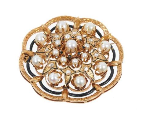 Antique continental gold diamond, cultured pearl and black enamel pendant/brooch of stylised floral design. Approximately 45m