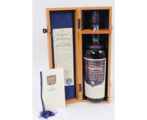 Bottle of Royal Lochnagar Selected Reserve single highland malt Scotch whisky in fitted wooden presentation box with certific