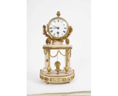 19th century French ormolu and alabaster mantel clock with pineapple finials, drum movement with silk suspension pendulum, 29