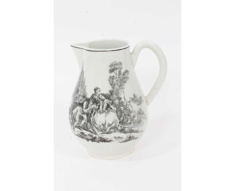 A Worcester milk jug, circa 1770, printed by Robert Hancock with Lady Watering Garden and L'Amour, 11.5cm highCondition repor