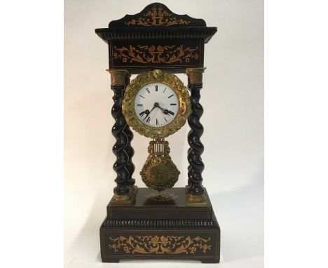 19th century French ebonised architectural mantel clock, with inlaid foliate ornament, the circular enamel dial raised betwee