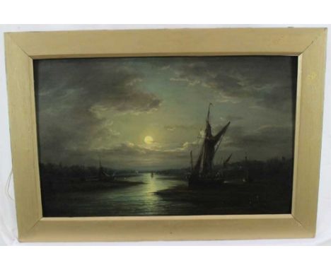 John Moore of Ipswich (1820-1902) oil on panel - shipping on the river by moonlight, signed, in gilt frame, 28cm x 45cmCondit