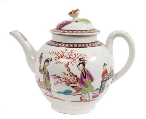 A Worcester teapot and cover, circa 1770, polychrome painted in the Chinese style with figural scenes, with patterned borders