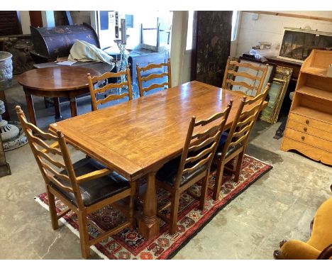 Good quality antique-style oak refectory table, plank top with cleated ends, on baluster supports, approximately 90 x 176cm, 