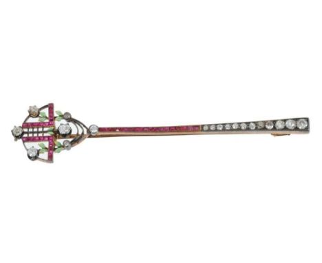 Early 20th century Jugendstil-style diamond ruby and enamel brooch with old cut diamonds, calibre cut rubies (possibly synthe