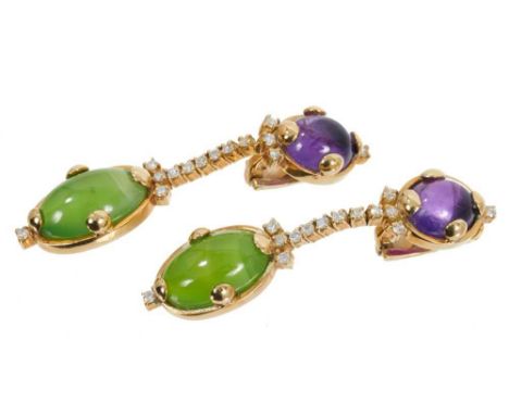 Pair of diamond and gem-set 18ct gold pendant earrings with a cabochon amethyst, brilliant cut diamonds and cabochon green st