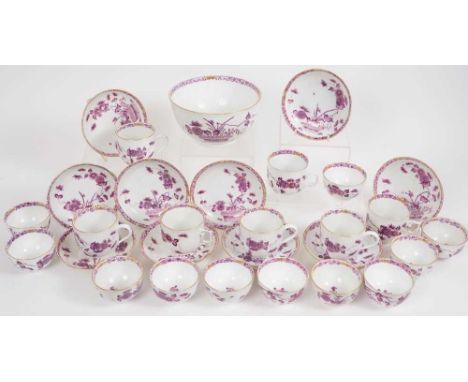 18th century Meissen fluted porcelain part tea set, of fluted form, decorated in purple enamel and gilt with a variation of t