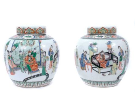 Fine pair of Chinese famille verte porcelain ginger jars and covers, 19th century, decorated with figural scenes and patterne