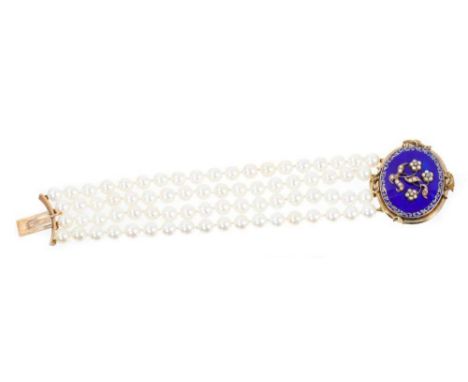 Cultured pearl four-strand bracelet with four strings of 7mm cultured pearls on a Victorian gold and blue enamel clasp, appli