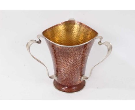 Early 20th century American Gorham 'Athenic' three handled vase/wine cooler, with silver/white metal scroll handles and rim, 