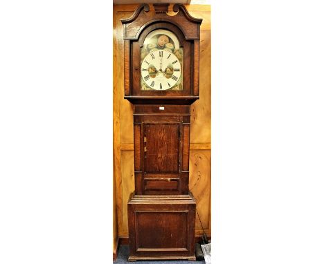 Robert Parry, Pwllheli, early 19th century oak and fruitwood crossbanded longcase clock with painted arched dial with lunar a