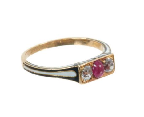 Good quality antique French ruby, diamond and enamel ring with an oval cabochon ruby flanked by two old cut diamonds, in 18ct