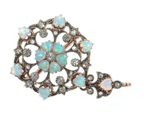 Fine late Victorian opal and diamond pendant/brooch, the openwork plaque with heart shaped opal cabochons and old cut and ros