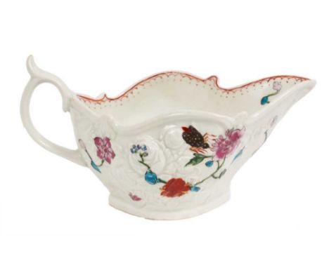 A Worcester moulded sauce boat, circa 1770, painted with the 'May-Bug' pattern, 16.5cm from spout to handleCondition report: 