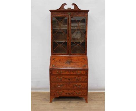 Edwardian satinwood bureau bookcase with polychrome painted floral festoons, swan neck pediment, two astragal glazed doors an