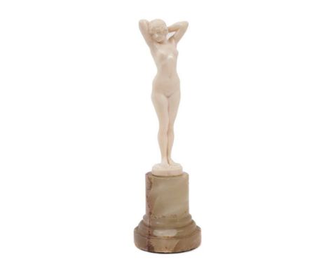 Joe Descomps (1869-1950) fine 1930s ivory figure of nude girl, signed, raised on alabaster plinth, 18cm highCondition report: