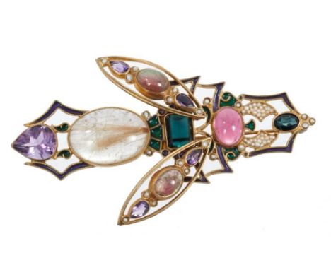 Good quality Italian Renaissance revival gem-set insect brooch by Percossi Papi with articulated wings and various coloured g