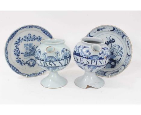 Two 18th century English blue and white delft wet drug jars, of bulbous form, inscribed 'O.ABSYNTH' and 'S:E SPIN: CE' within