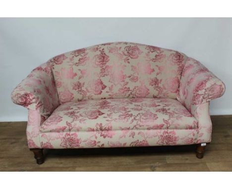 Modern camel-back sofa, with floral damask upholstery on turned legs, approximately 162cm wide