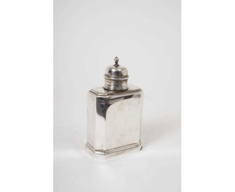 Georgian-style silver tea caddy of plain flat octagonal form(London 1919) 13.5cm high, 6ozs