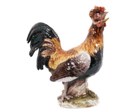 Large Meissen figure of a cockerel, late 19th century, model no. 394, naturalistically modelled and polychrome decorated on a