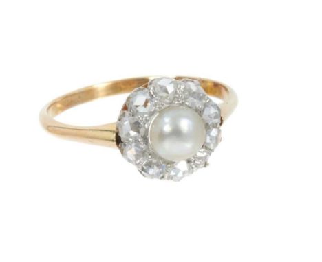 Antique cultured pearl and diamond cluster ring with a central 5.5mm cultured button pearl surrounded by ten old cut diamonds
